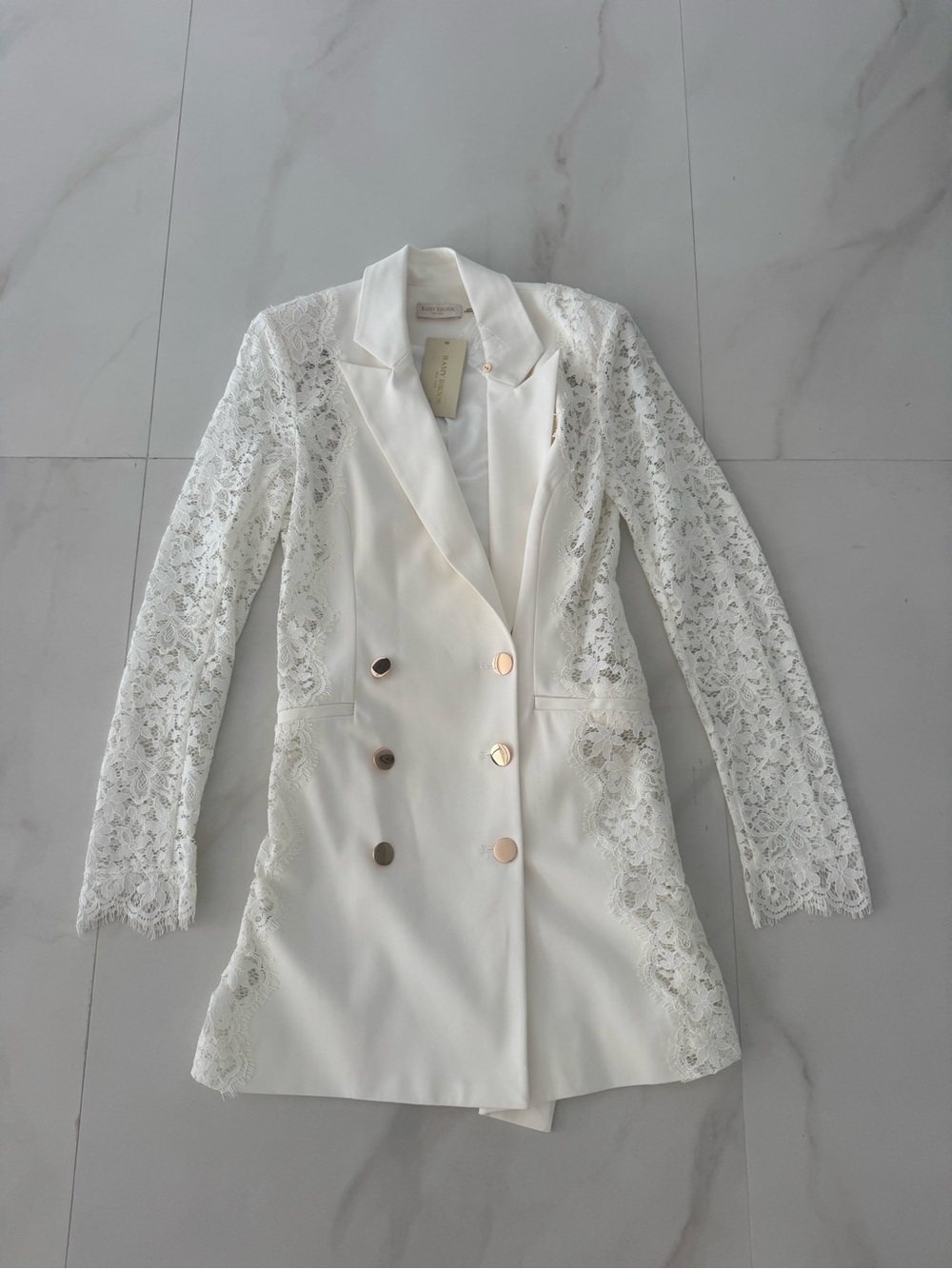Ramy Brook White Double-Breasted Lace Sleeve Blazer dress